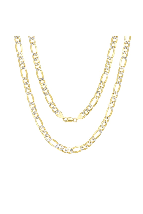 10k Real Yellow Gold Solid Figaro Link 7.5mm Diamond Cut Pave Chain Necklace (20"-30") Two Tone Italian Jewelry for Men