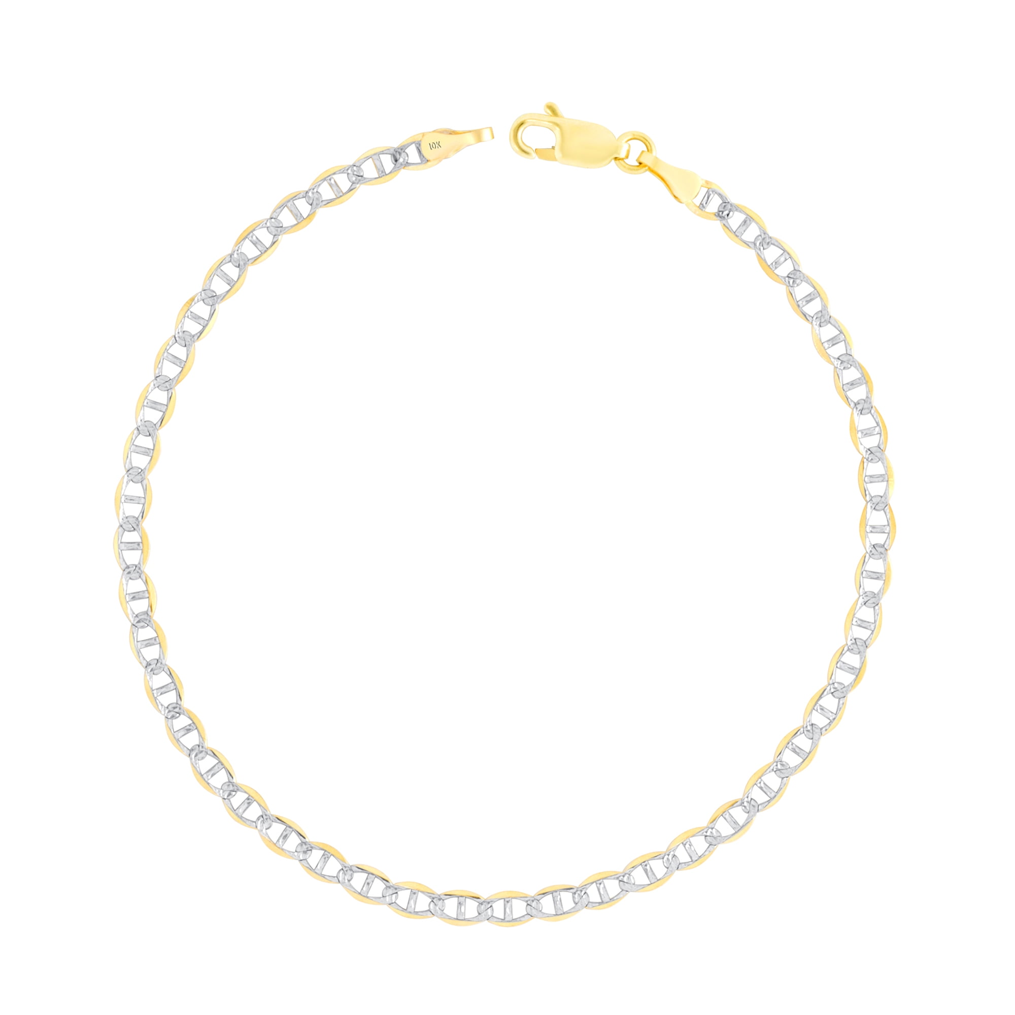 Nuragold 10k Real Yellow Gold Solid Mariner 3mm Anchor Chain Pave Diamond Cut Bracelet (7"-9") Two Tone Italian Jewelry for Men & Women