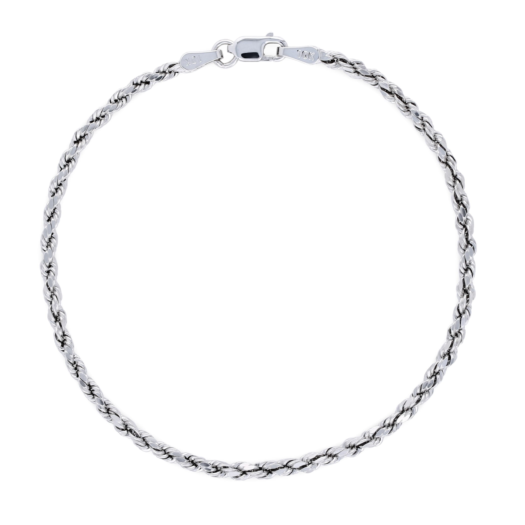 Nuragold 10k White Gold 2.5mm Rope Chain Diamond Cut Bracelet or Anklet (7"-9") Italian Jewelry for Men & Women