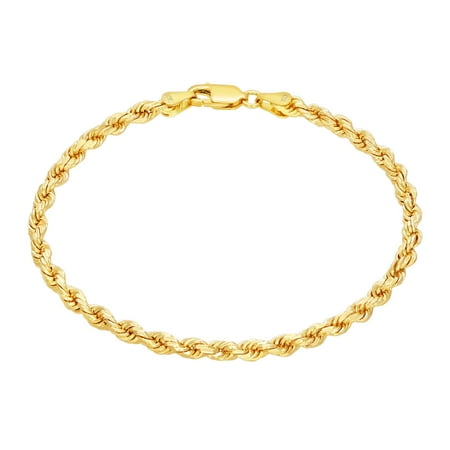 Nuragold 10k Yellow Gold 3mm Rope Chain Diamond Cut Bracelet or Anklet (7"-9") Italian Jewelry for Men & Women