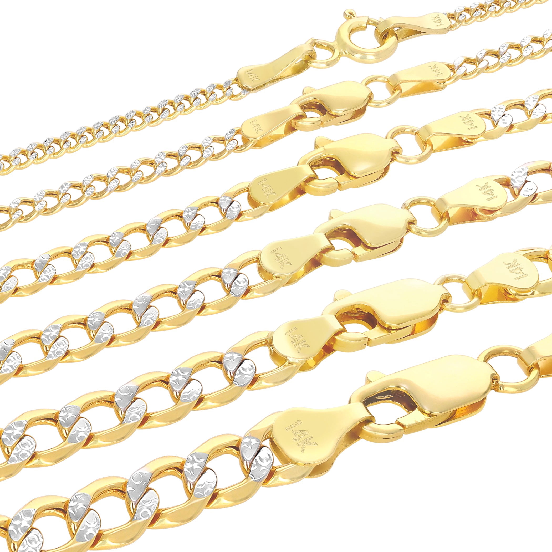 Nuragold 14K Real Yellow Gold Cuban Diamond Cut Pave Curb Link Chain Necklace 16"-26" (2.5mm-6.5mm) Italian Jewelry for Men & Women