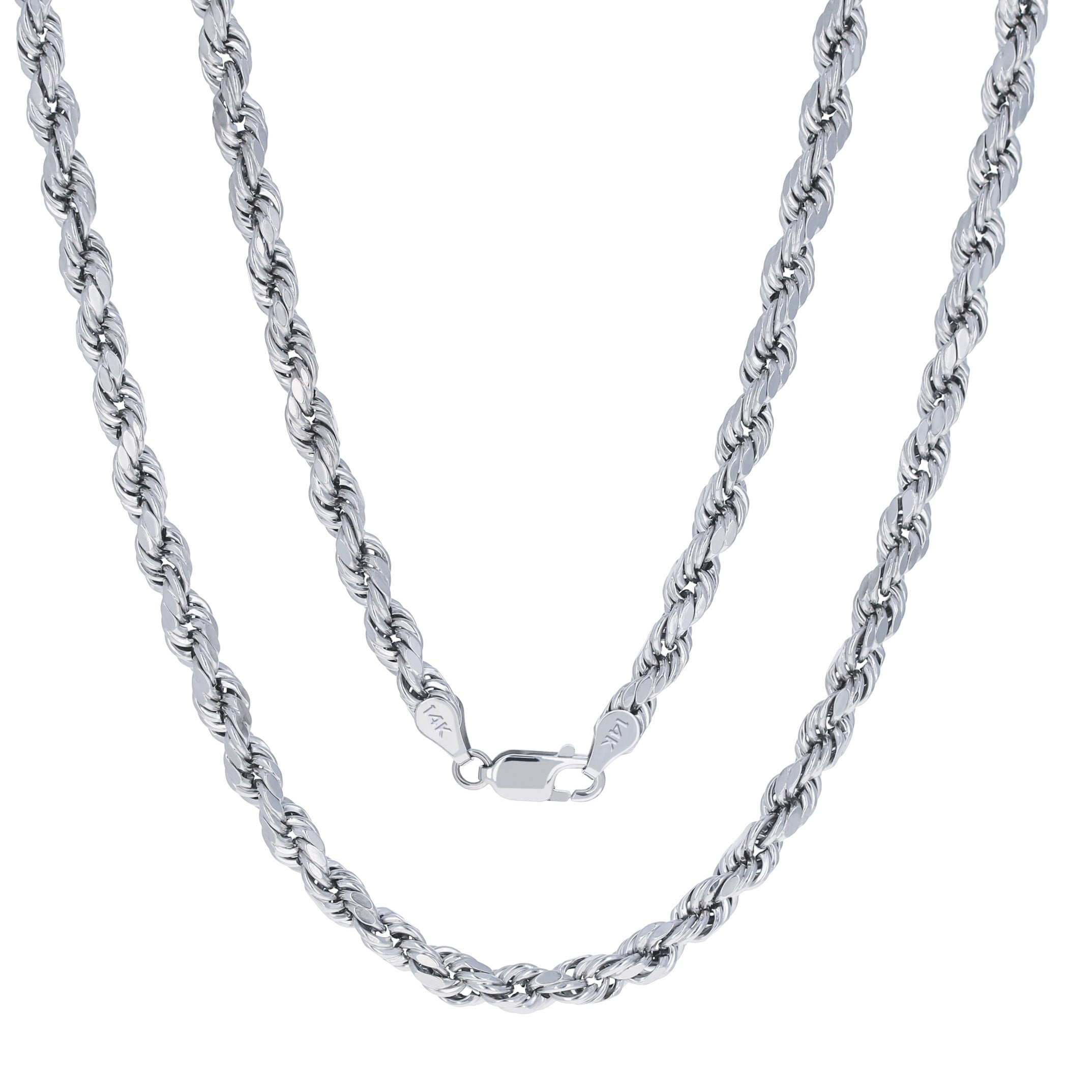 Nuragold 14K White Gold Solid Rope Diamond Cut Chain Necklace / Lengths