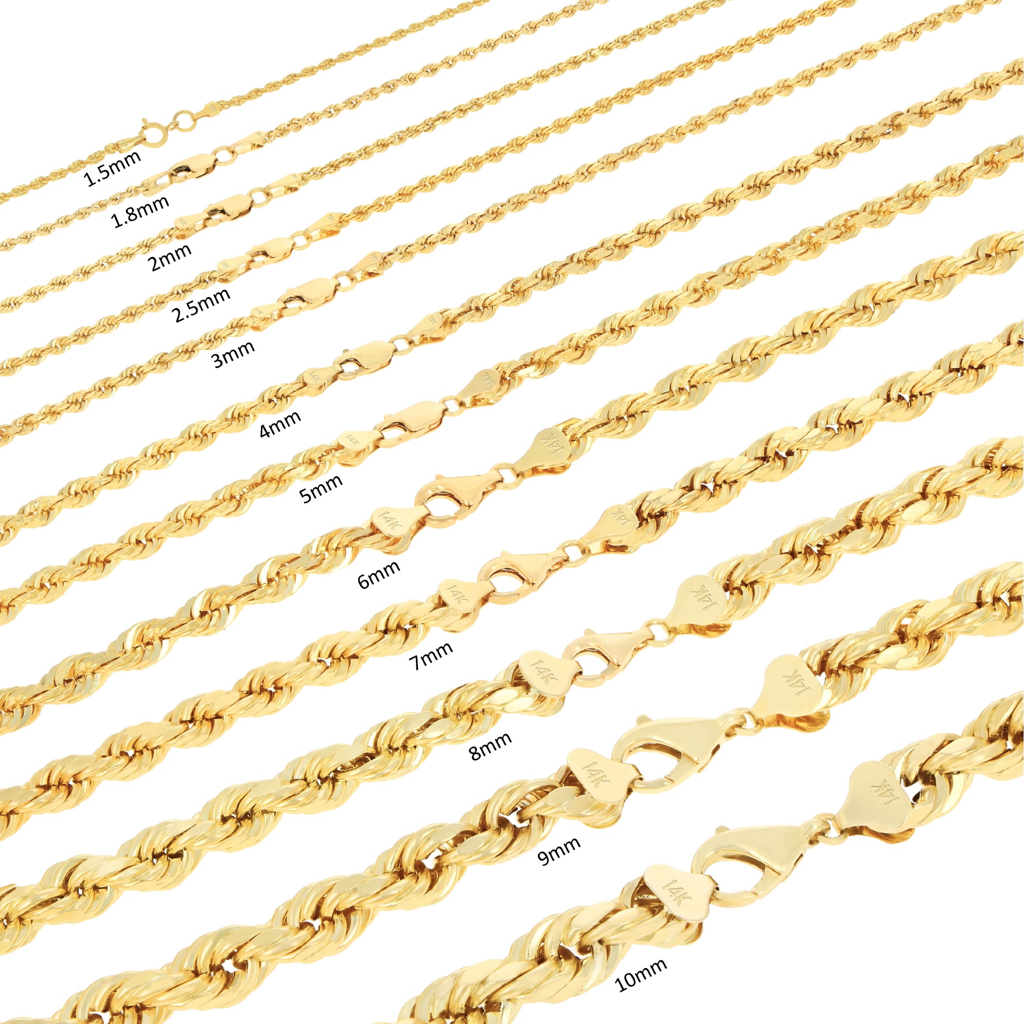 Nuragold 14K Yellow Gold Solid Rope Diamond Cut Chain Necklace ...