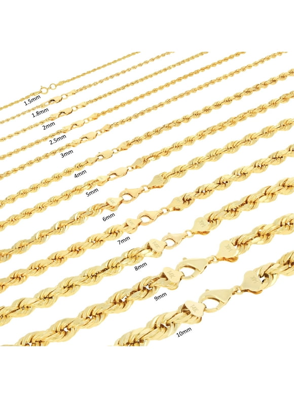 Nuragold 14K Yellow Gold Solid Rope Diamond Cut Chain Necklace, Bracelet, or Anklet / Lengths 7"- 30" / All sizes from 1mm to 10mm - Real Italian Jewelry for Mens and Womens