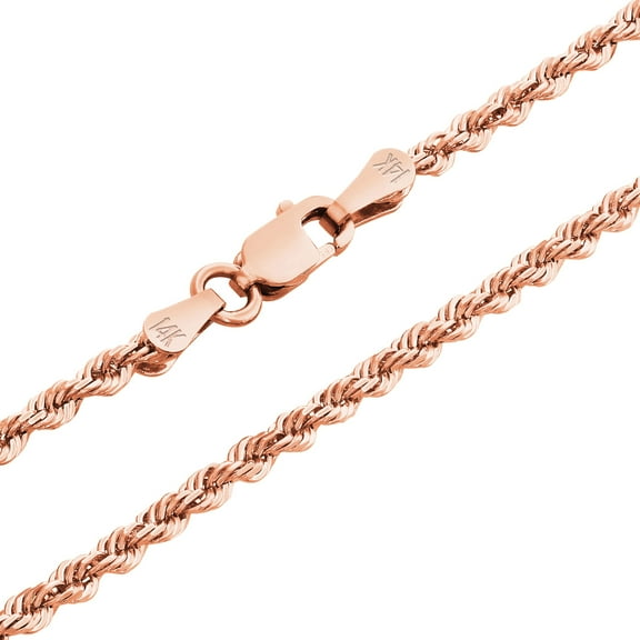 Nuragold 14k Real Rose Gold 2mm Rope Chain Diamond Cut Necklace (16"-30") Italian Jewelry for Men & Women