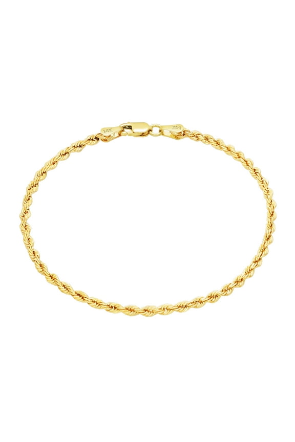 14k Real Yellow Gold 2mm Solid Rope Chain Diamond Cut Bracelet or Anklet (7"-9") Italian Jewelry for Men & Women