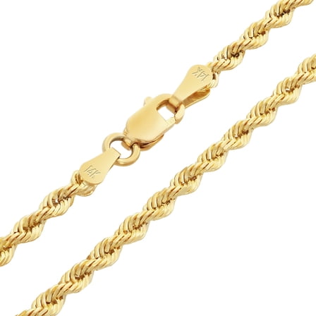 Nuragold 14k Real Yellow Gold 2mm Solid Rope Chain Diamond Cut Necklace (16"-30") Italian Jewelry for Men & Women