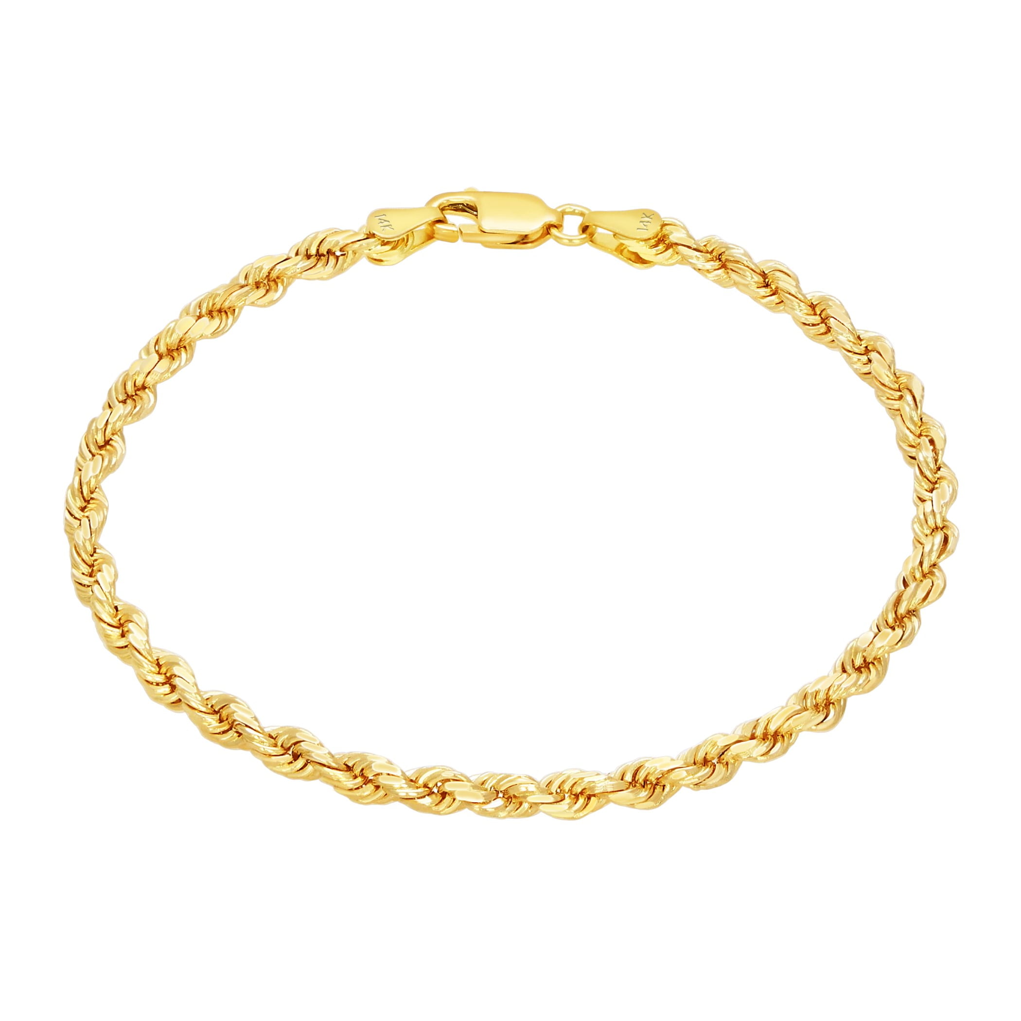 Nuragold 14k Real Yellow Gold 3mm Solid Rope Chain Diamond Cut Bracelet (7"-9") Italian Jewelry for Men & Women