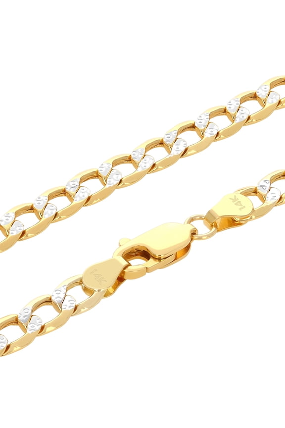 14k Real Yellow Gold Cuban Curb Link 5.5mm Diamond Cut Pave Chain Necklace (18"-26") Two Tone Italian Jewelry for Men