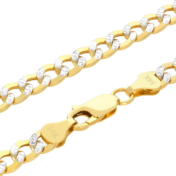 Nuragold 14k Real Yellow Gold Cuban Curb Link 6.5mm Diamond Cut Pave Chain Necklace (18"-26") Two Tone Italian Jewelry for Men