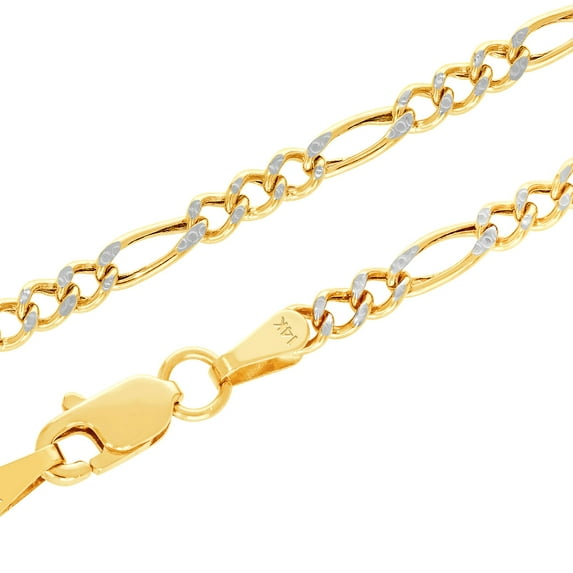 Nuragold 14k Real Yellow Gold Figaro Link 2.5mm Diamond Cut Two Tone Pave Chain Necklace (16"-26") Italian Jewelry for Men & Women