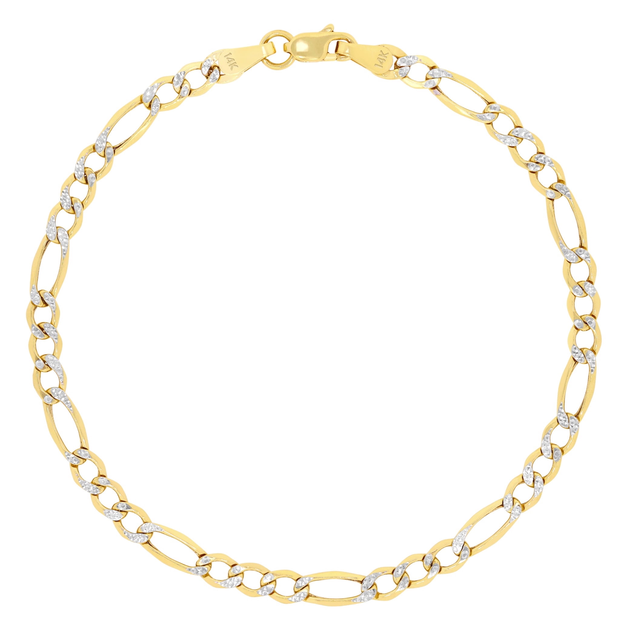Nuragold 14k Real Yellow Gold Figaro Link 3.5mm Diamond Cut Two Tone Pave Chain Bracelet (7"-9") Italian Jewelry for Men & Women