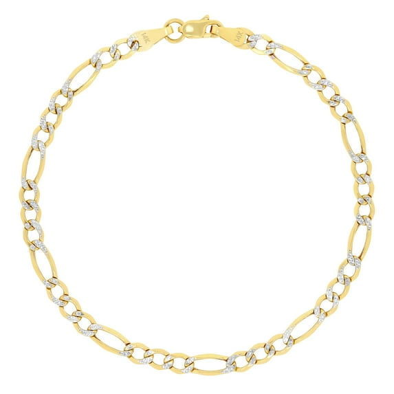 Nuragold 14k Real Yellow Gold Figaro Link 3.5mm Diamond Cut Two Tone Pave Chain Bracelet (7"-9") Italian Jewelry for Men & Women