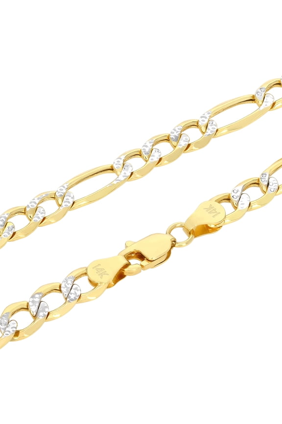 14k Real Yellow Gold Figaro Link 4.5mm Diamond Cut Two Tone Pave Chain Necklace (16"-30") Italian Jewelry for Men & Women