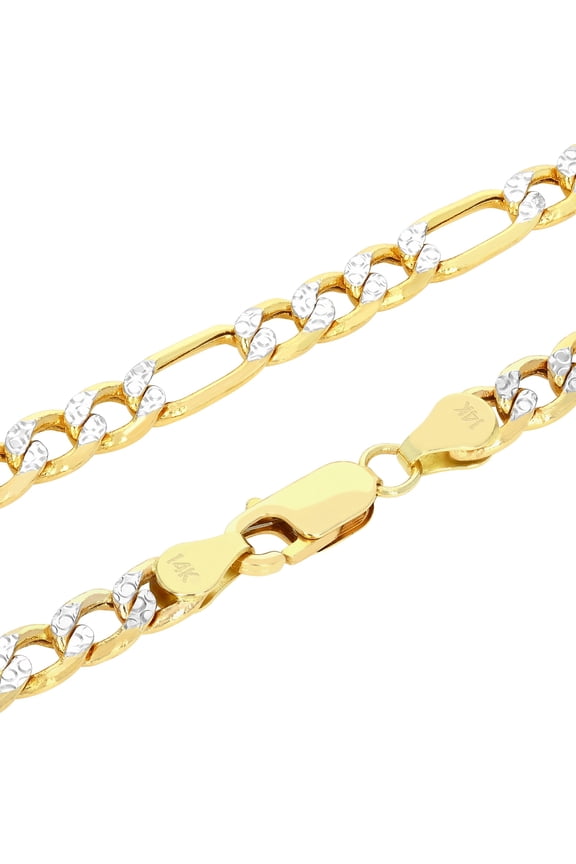 14k Real Yellow Gold Figaro Link 6.5mm Diamond Cut Two Tone Pave Chain Necklace (20"-30") Italian Jewelry for Men