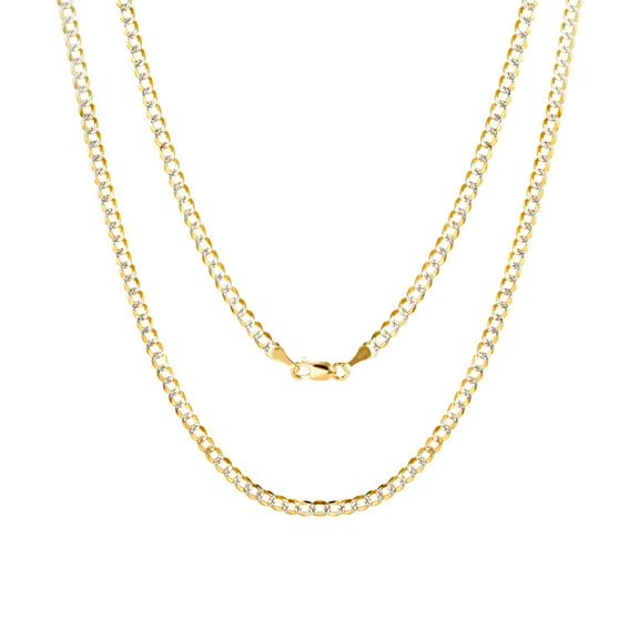 Nuragold 14k Real Yellow Gold Solid Cuban Curb Link 3mm Diamond Cut Pave Chain Necklace (16"-30") Two Tone Italian Jewelry for Men & Women