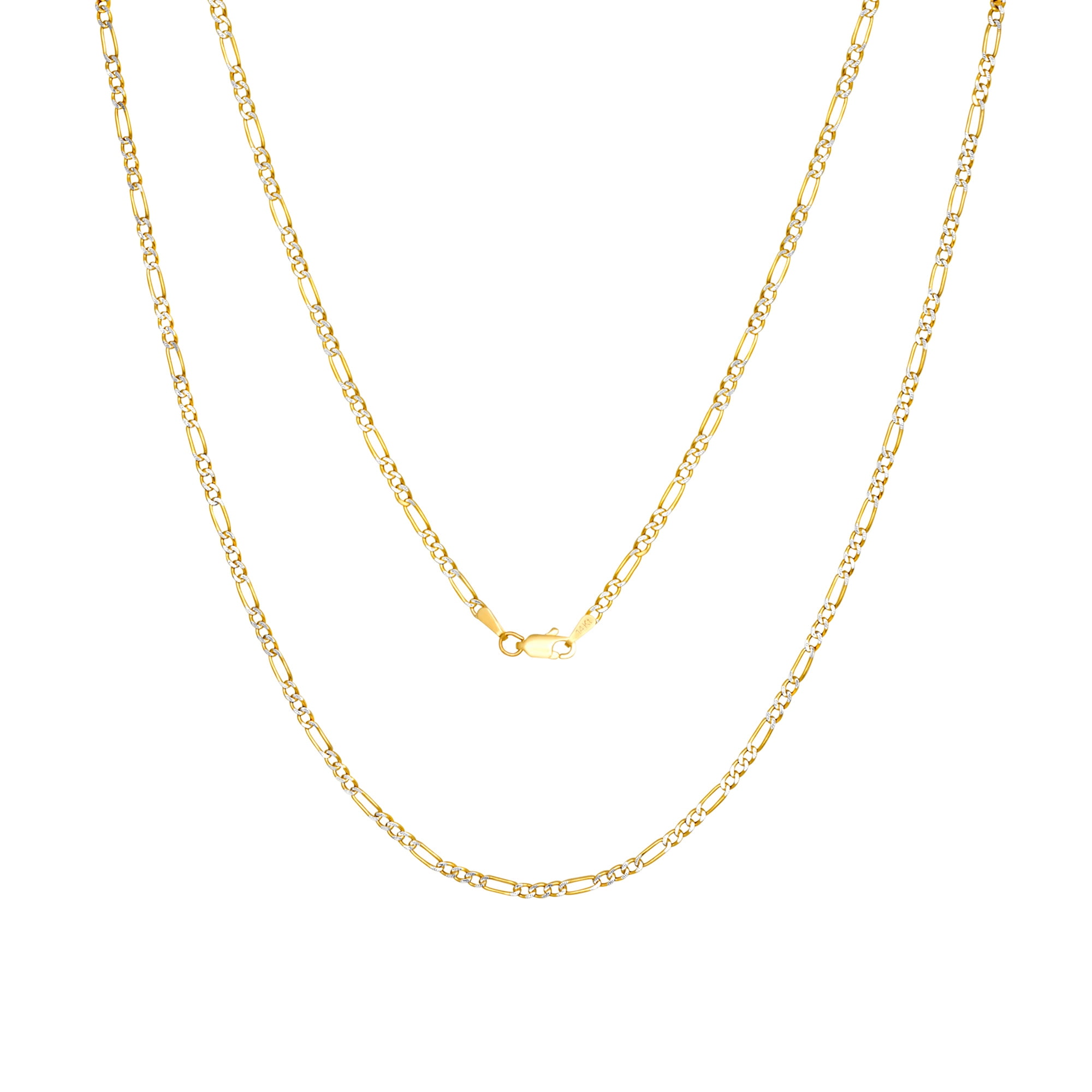 Nuragold 14k Real Yellow Gold Solid Figaro Link 2.5mm Diamond Cut Pave Chain Necklace (16"-26") Two Tone Italian Jewelry for Men & Women