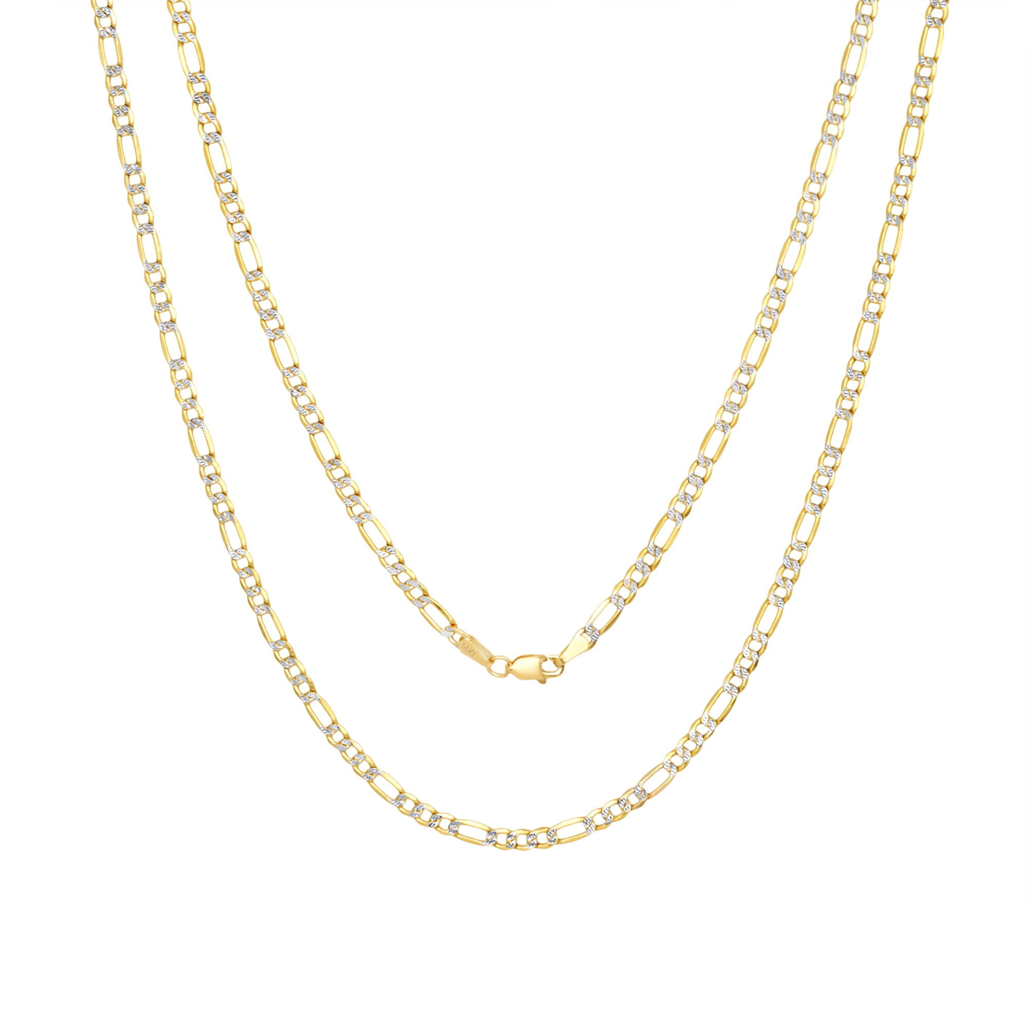 Nuragold 14k Real Yellow Gold Solid Figaro Link 4mm Diamond Cut Pave Chain Necklace (16"-30") Two Tone Italian Jewelry for Men & Women