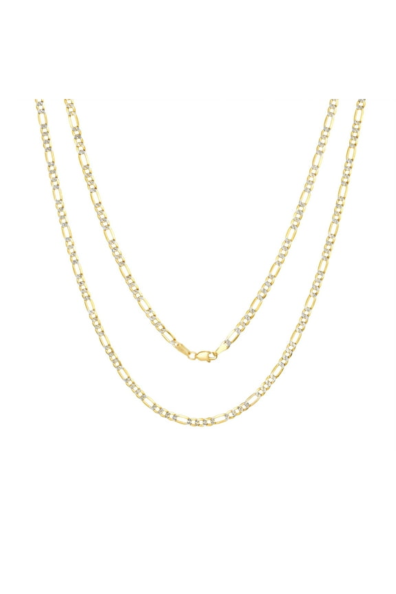 14k Real Yellow Gold Solid Figaro Link 4mm Diamond Cut Pave Chain Necklace (16"-30") Two Tone Italian Jewelry for Men & Women