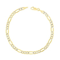 Nuragold 14k Real Yellow Gold Solid Figaro Link 5mm Diamond Cut Pave Chain Bracelet (7"-9") Two Tone Italian Jewelry for Men & Women