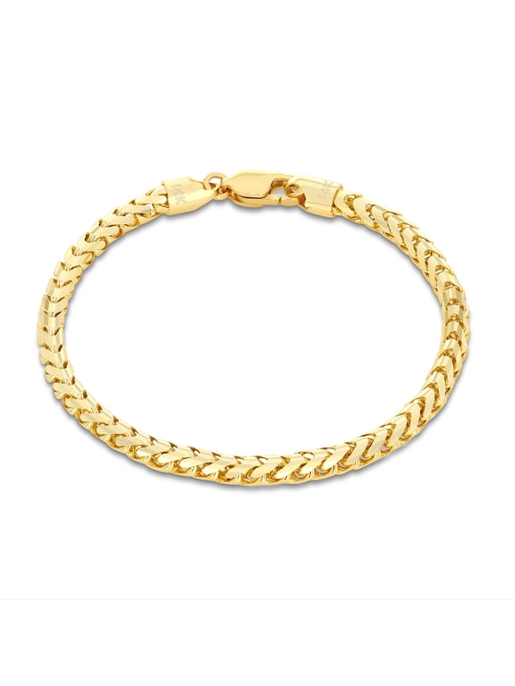 14k Real Yellow Gold Solid Franco Diamond Cut 4mm Spiga Wheat Chain Bracelet (7"-9") Italian Jewelry for Men