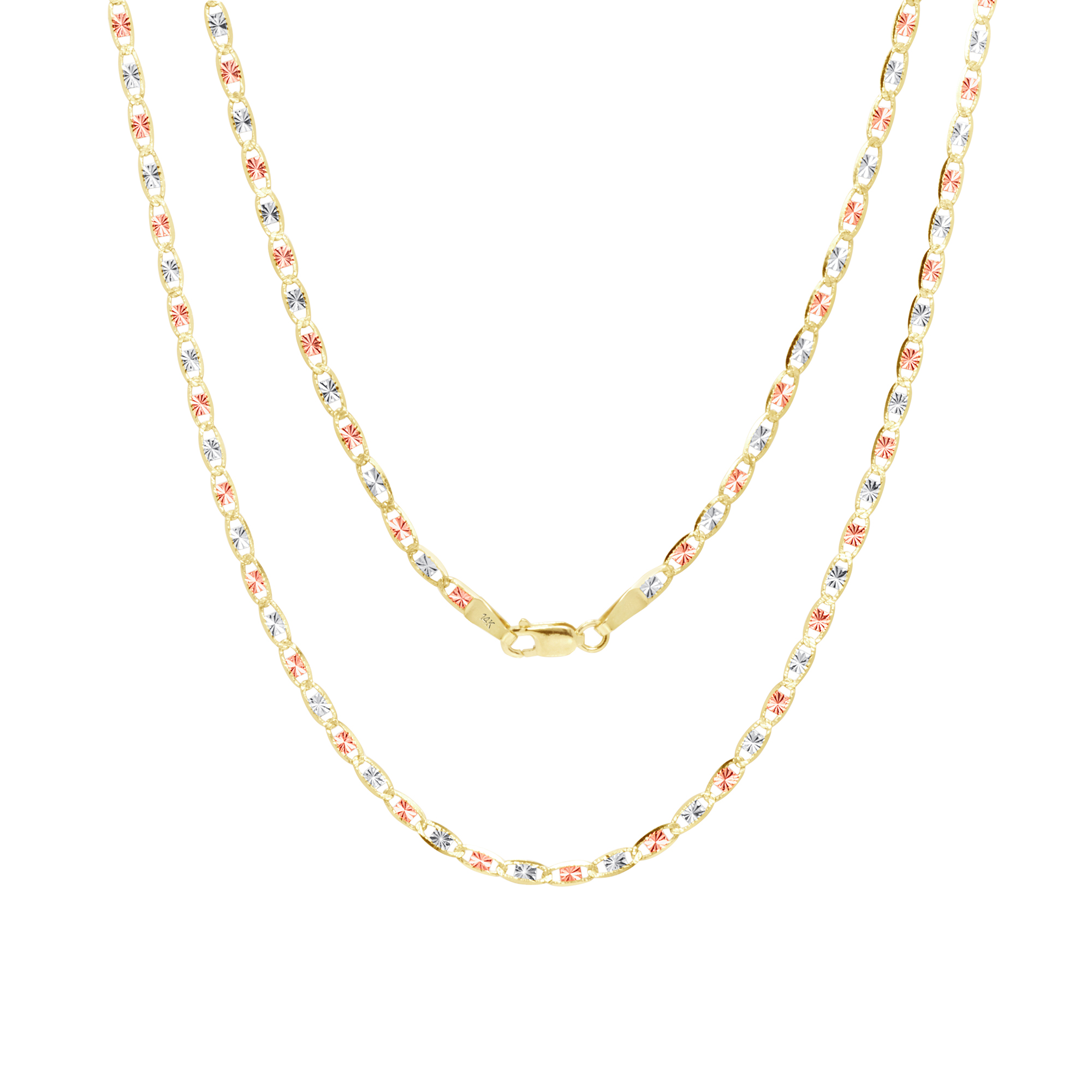 10K Solid Multi-Tone Gold Valentino Chain Necklace, 2.1mm, 16-24 Inch For Men & Women
