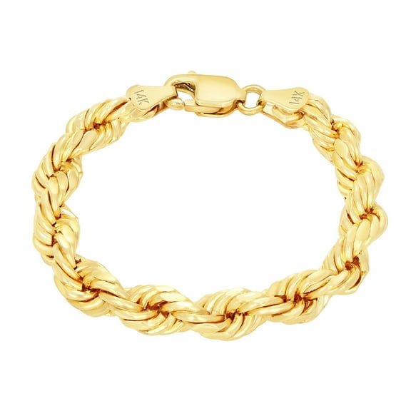 Nuragold 14k Yellow Gold 10mm Rope Chain Diamond Cut Bracelet (8"-9") Italian Jewelry for Men
