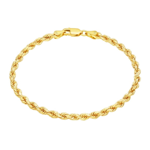 Nuragold 14k Yellow Gold 2.5mm Rope Chain Diamond Cut Bracelet or Anklet (7"-9") Italian Jewelry for Men & Women