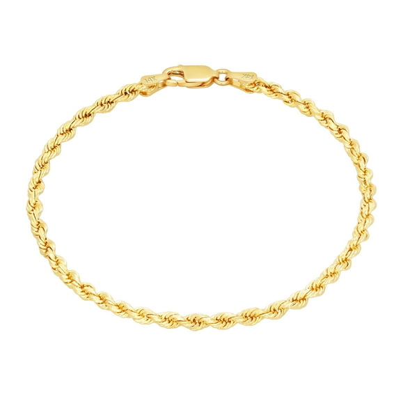 Nuragold 14k Yellow Gold 2mm Rope Chain Diamond Cut Bracelet or Anklet (7"-9") Italian Jewelry for Men & Women