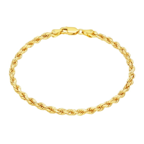 Nuragold 14k Yellow Gold 3mm Rope Chain Diamond Cut Bracelet or Anklet (7"-9") Italian Jewelry for Men & Women
