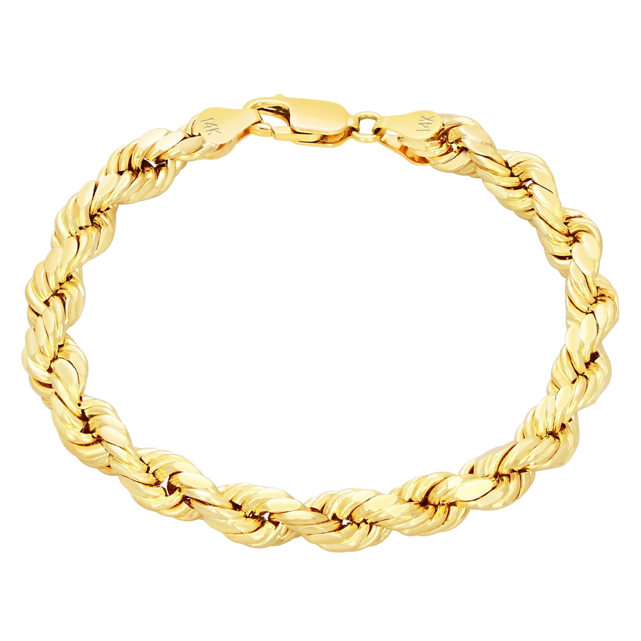 Nuragold 14k Yellow Gold 7mm Rope Chain Diamond Cut Bracelet (7.5"-9") Italian Jewelry for Men