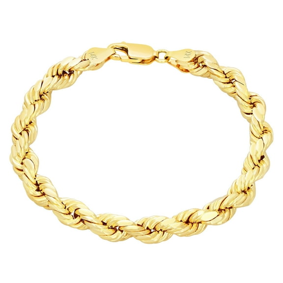 Nuragold 14k Yellow Gold 7mm Rope Chain Diamond Cut Bracelet (7.5"-9") Italian Jewelry for Men