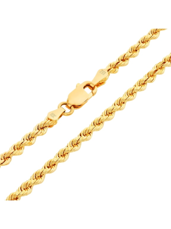 18k Real Yellow Gold 3mm Rope Chain Diamond Cut Necklace (16"-26") Italian Jewelry for Men & Women
