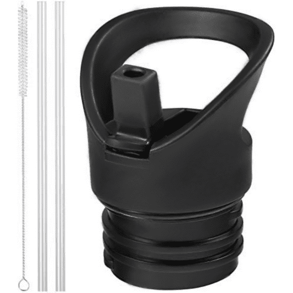 Nurich Hydro Standard Mouth Straw Lid Black Water Bottle, Lid with Straws and Flexible Handle fits Standard Mouth 12 18 21 24 oz, Sports Straw Cap Flip Top Replacement Lid