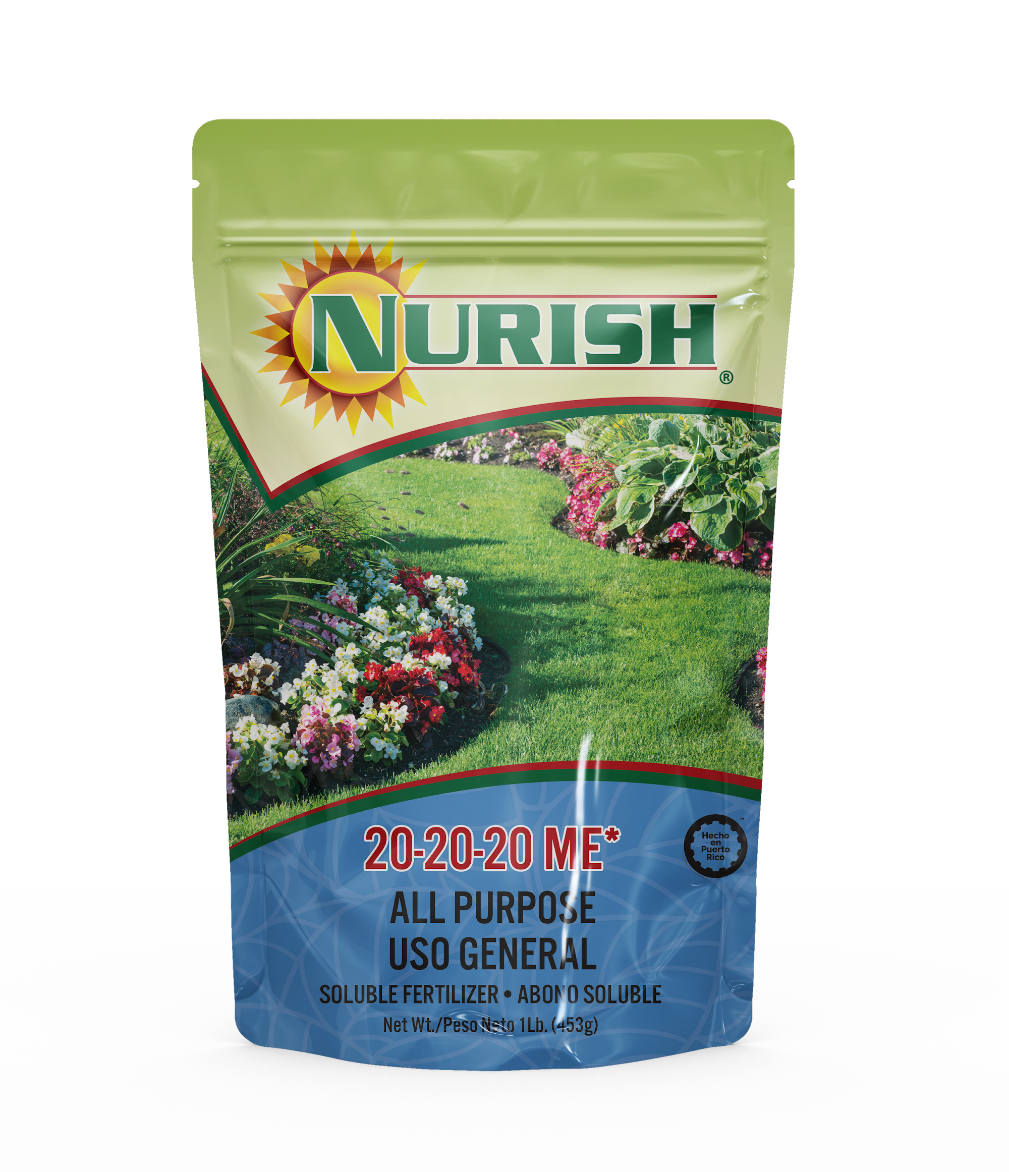 Nurish Soluble Fertilizer 20-20-20 ME All Purpose 1 lb. Ingredients: Total Nitrogen, Available Phosphorous, Soluble Potash, Total Magnesium and Minor Elements. Made in Puerto Rico
