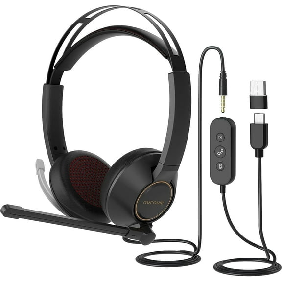 Nuroum HP11DU Wired Dual-Ear with Noise Canceling Microphone, On-Ear Headset with USB controller, Black, 1 Count