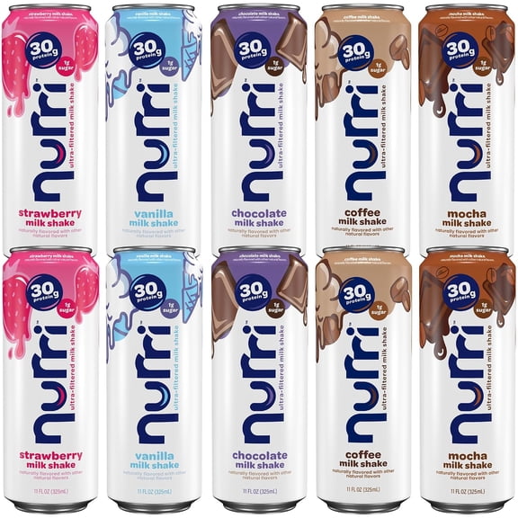 Nurri Ultra Filtered Milk Shake, 30g Protein - 5 Flavor Variety Sampler, Lactose Free, Low Sugar - 11 fl oz (10 Pack)