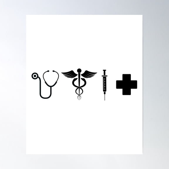 Nurse - 4 Medical Symbols - Rn - Registered Nurse - Syringe, Stethoscope, Caduceus Poster Wall Art, Modern Wall Decor, 8x12 UNFRAMED