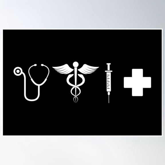 Nurse - 4 Medical Symbols (White) - Rn - Registered Nurse - Syringe, Stethoscope, Caduceus Poster Wall Art, Modern Wall Decor, 8x12 UNFRAMED