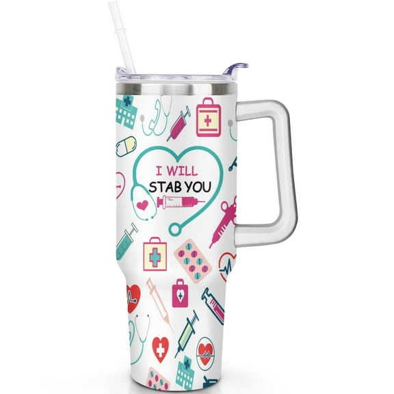 Nurse 40 oz Tumbler Handle Spill Proof Lid Straw 40 oz Nurse Theme Tumbler Double Insulated Travel Coffee Cup Gifts for Lovers