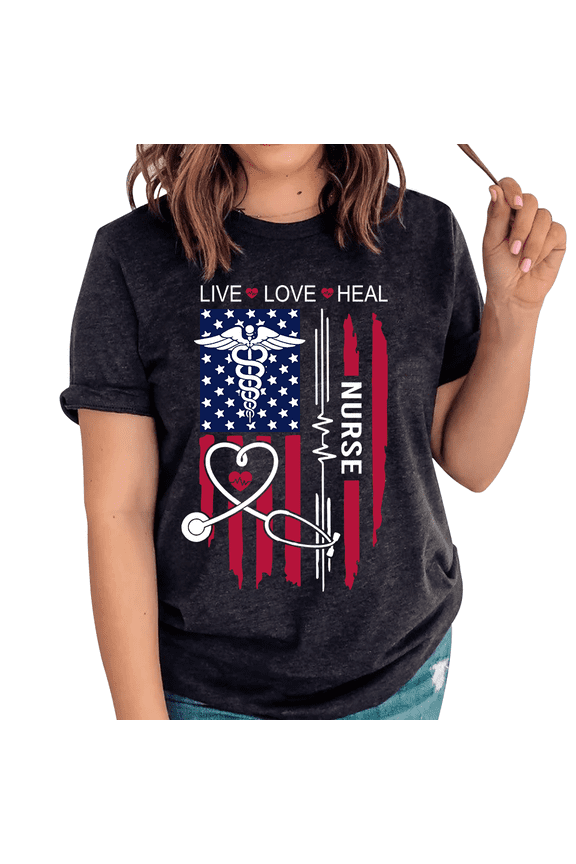 Nurse American Flag T Shirt, Live Love Heal Nurse Shirt, Patriotic Nursing Graphic Tee for Women, Heart Stethoscope Medical Appreciation Shirt