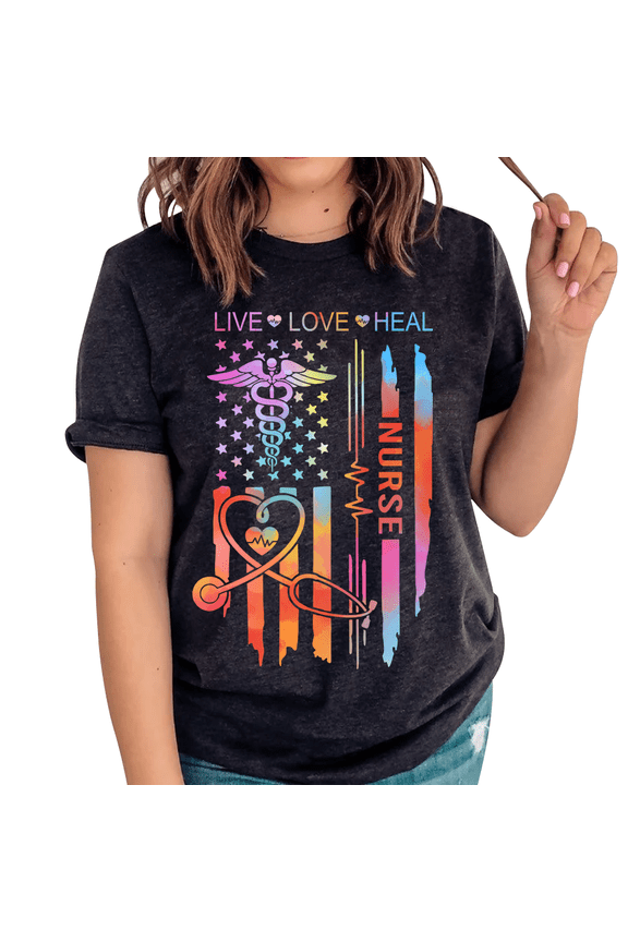 Nurse American Flag T Shirt, Live Love Heal Nurse Shirt, Patriotic Nursing Graphic Tee for Women, Heart Stethoscope Medical Appreciation Shirt