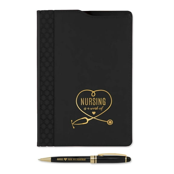 Nurse Appreciation Black Folio And Pen Set / 5.75” x 8.75” Nursing Is A Work Of Heart Black And Gold Faux Leather Padfolio Notebook Pen Set / Modern Nurses Present