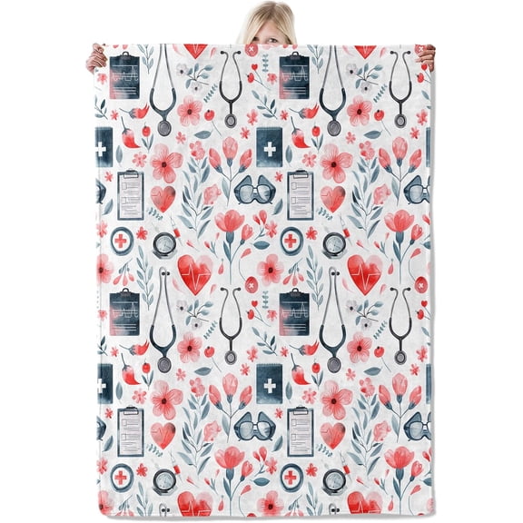 Nurse Appreciation Blanket 40×50 Inch,Floral Medical Theme Lightweight Flannel Throw with Stethoscope, Heartbeat and Clipboard, Medical Office Home Living Room Decor,Gifts for Doctor Lover