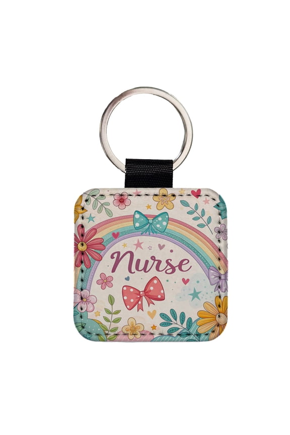 Nurse Appreciation Coquette Bows Flowers Faux Leather Square Keychain