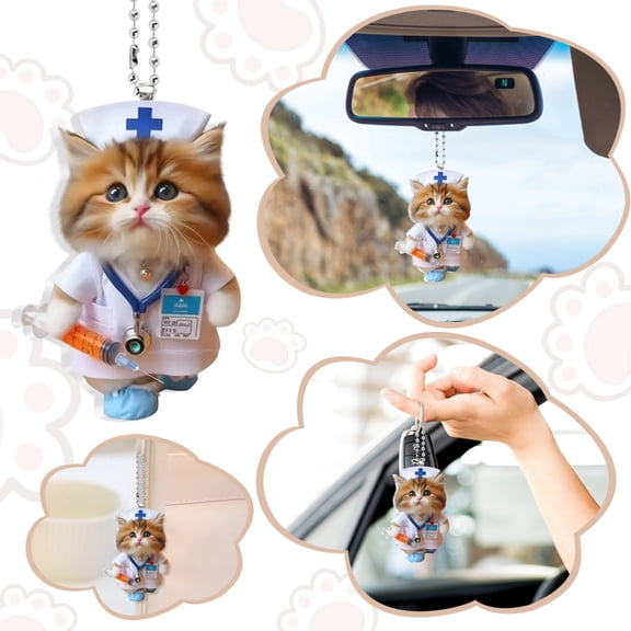 Nurse Appreciation Gift 3 X 0.5 Inch Cat Themed Acrylic Car Charm Cute Keychain for Nurse Week Celebrations Car Rear View Mirror Accessory Single Pack