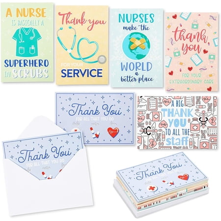 Pipilo Press Nurse Thank You Cards - 4 x 6 in, 24 Pack, 6 Multicolor Designs - Blank Appreciation & Recognition Set with Envelopes - Staff Appreciation & Nurses Week