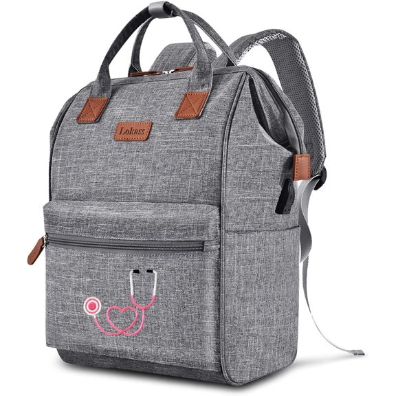 Nurse Backpack / Bag for Women - 15.6 Inch  Laptop Travel Backpack with USB  Port, Large Wide-open  Bags,Nurse Bags for Work,  Clinical Bag for College Teacher, Grey