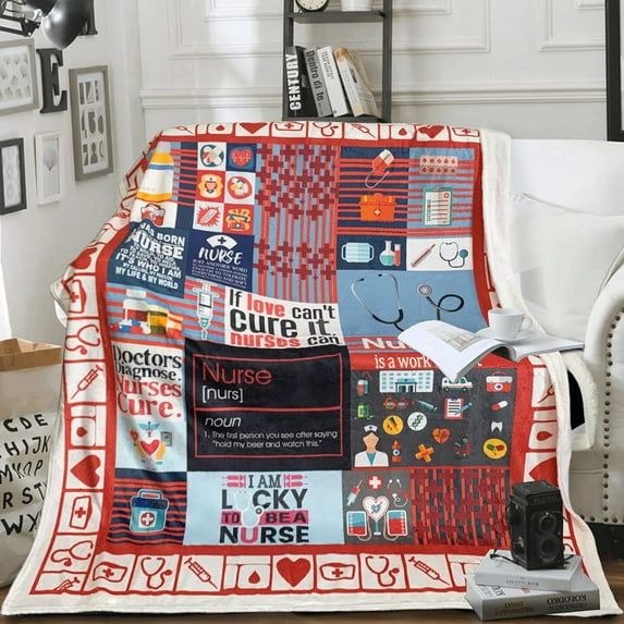 Nurse Blanket Flannel Throw Gift for Women Girlfriend Mother for All Seasons Super Soft Lightweight Comfortable Vintage Bed Sofa Couch Foldable Unisex 150x200 Red 60x80