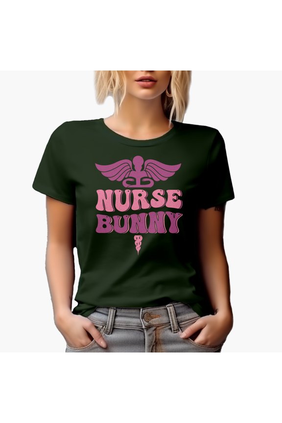Nurse Bunny, Nursing Themed, Groovy Retro Wavy Text Merch Gift, Military Green T-Shirt, Medium